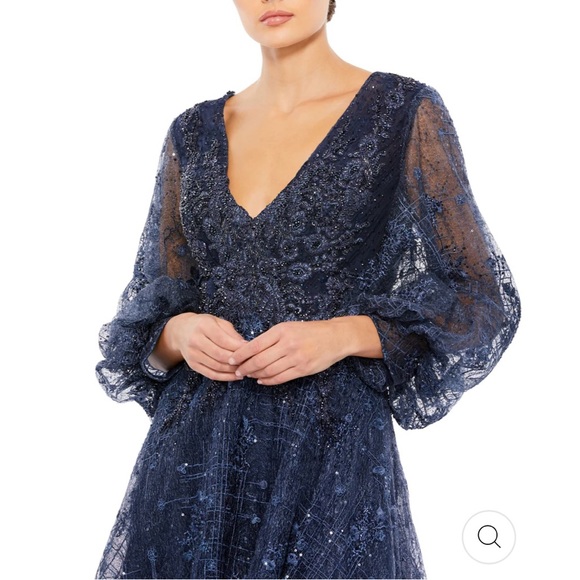 Mac Duggal Navy Blue Puff Long Sleeve V Neck Evening Gown Size 12 - Picture 4 of 10